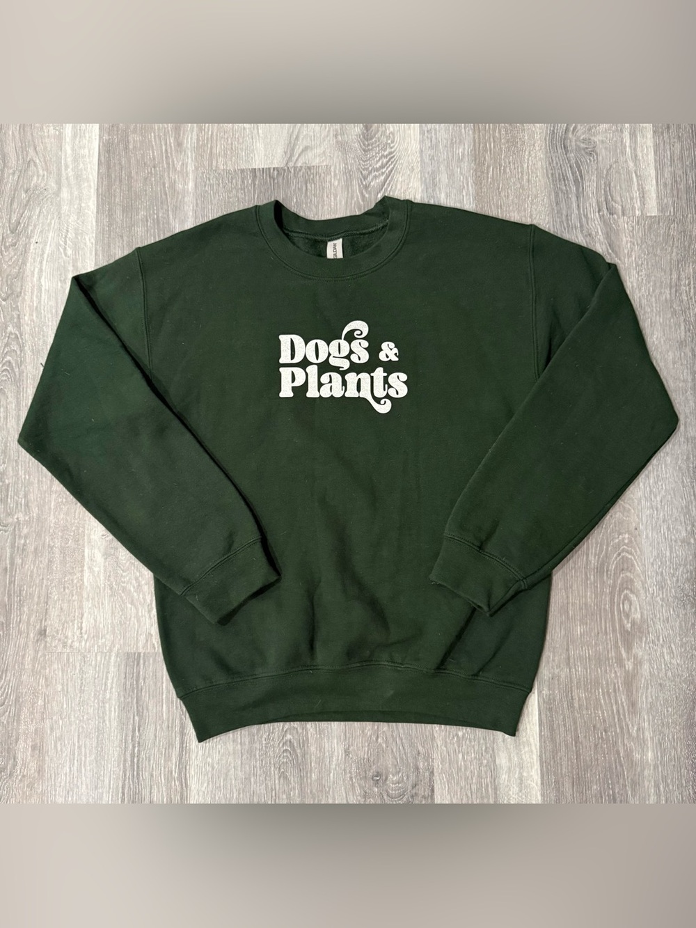 Unisex Green Crew Neck Pullover Sweatshirt Dogs & Plants Graphic Print S
